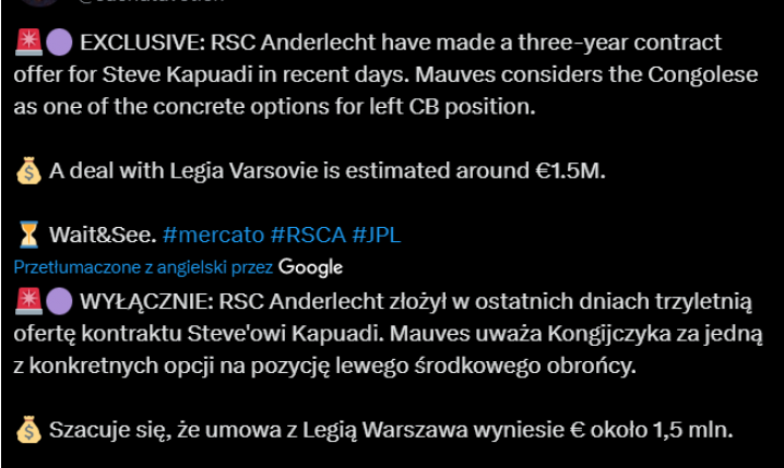 Legia dostała ofertę 1,5 MLN EURO za Steve'a Kapuadiego od...
